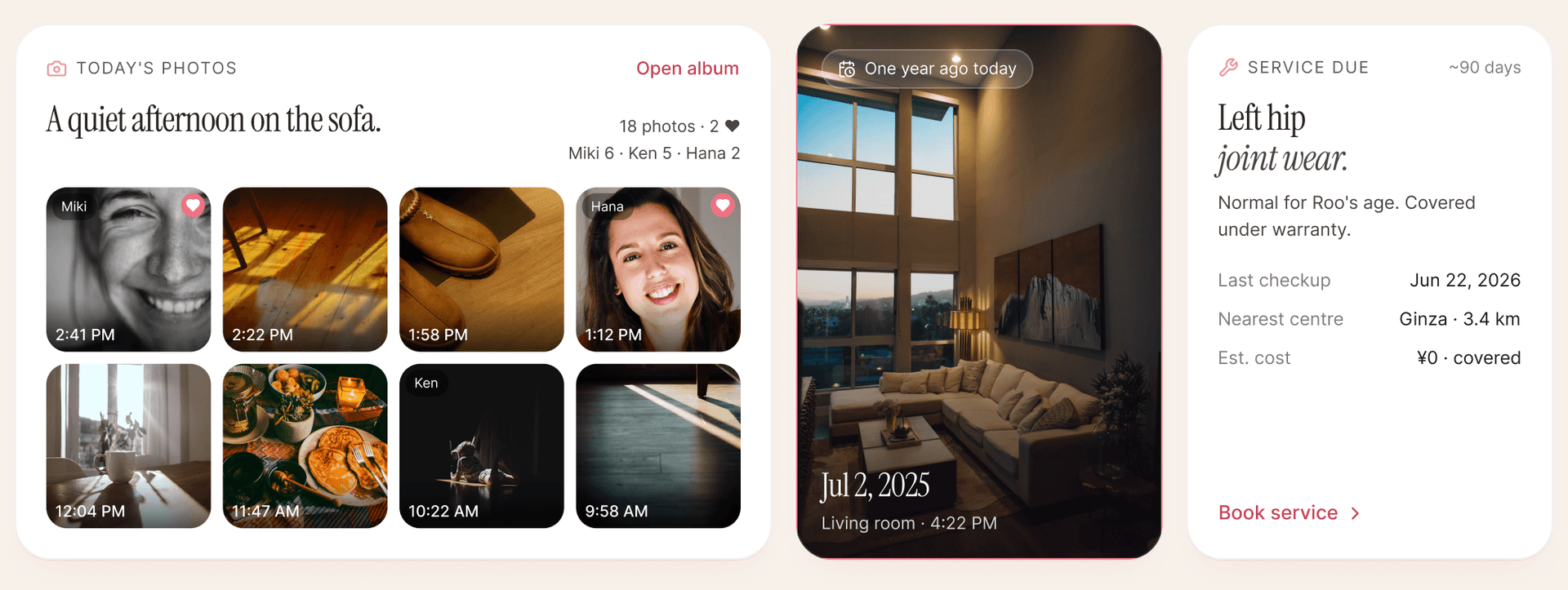 aibo Owner Portal Redesign: Memories row: Today's Photos album with timestamps and family member tags, a "One year ago today" living-room memory card, and a service-due card explaining left hip joint wear as covered under warranty.