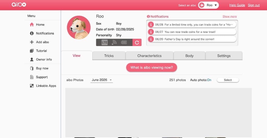 aibo Owner Portal Redesign: The official My aibo desktop portal before redesign: aibo shown as a small avatar pill in the corner, coin-shop notifications, a "What is aibo viewing now?" camera button front and center, and photos rendered as small fisheye circles behind a month dropdown.