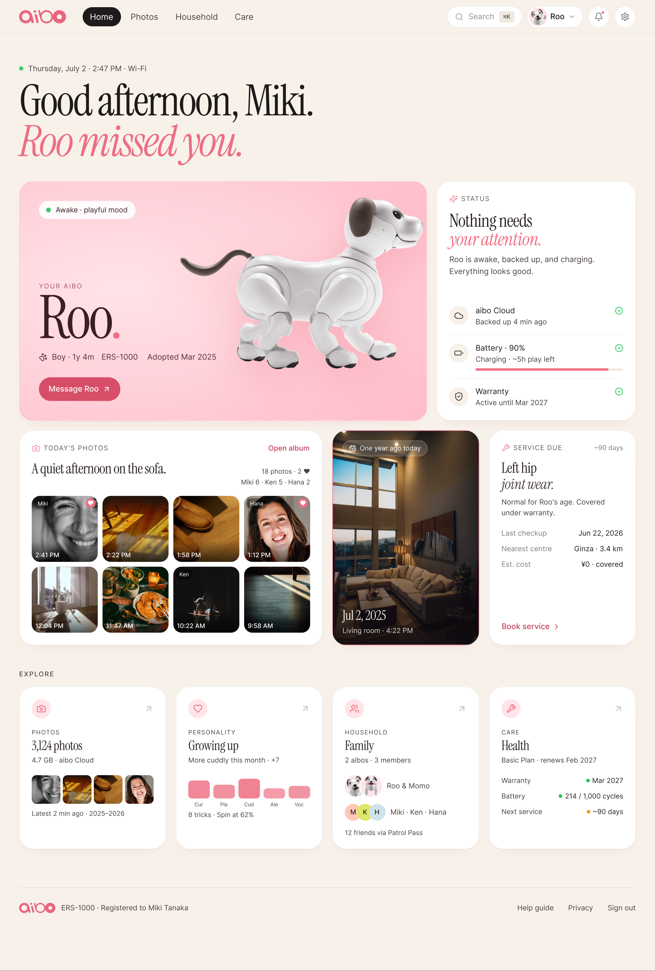 aibo Owner Portal Redesign: Full-page final dashboard: greeting, companion card with live mood, today's photos, one-year-ago memory, service card in pet-health language, and the four-card explore bento.