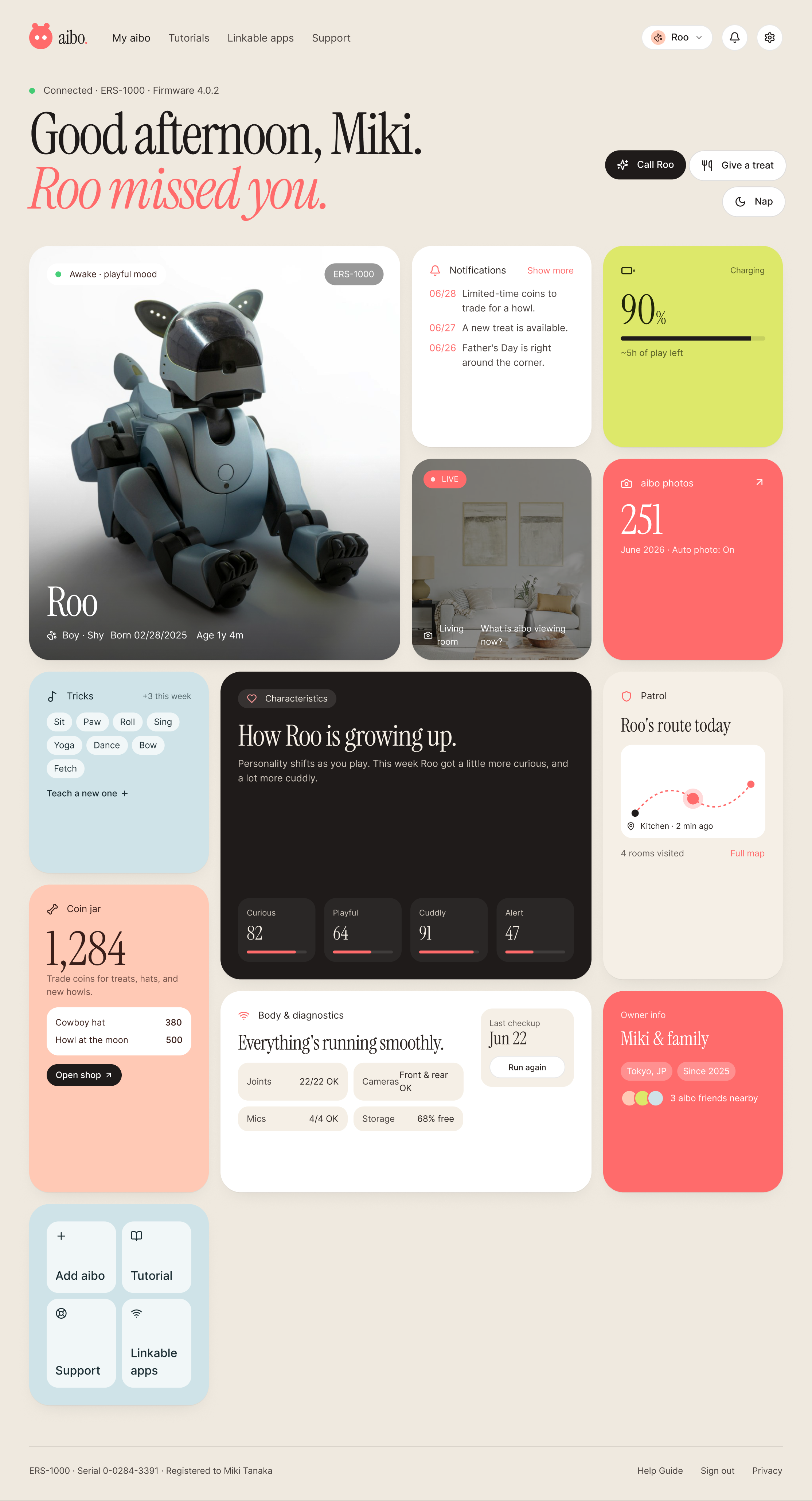 First design pass: a bento-grid dashboard with Roo's photo card, but the coin jar, live camera, and header quick actions still present, a giant battery card, and no aibo Cloud backup status anywhere.