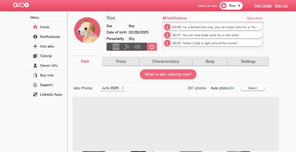 aibo Owner Portal Redesign: The official My aibo desktop portal before redesign: aibo shown as a small avatar pill in the corner, coin-shop notifications, a "What is aibo viewing now?" camera button front and center, and photos rendered as small fisheye circles behind a month dropdown.