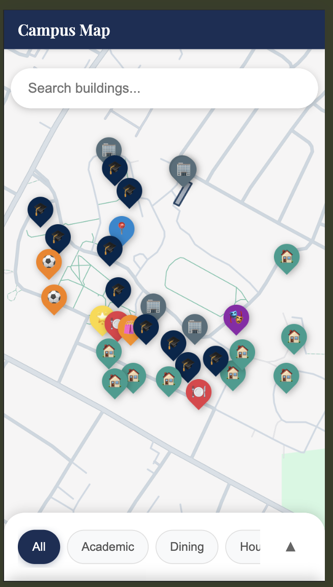 University Campus Map: Mobile detail sheet showing a building with hours, contact, and accessibility entrance info displayed at the same visual level.