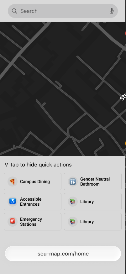 Iteration 3 wireframe: expandable quick-actions menu pinned to the bottom with category shortcuts.