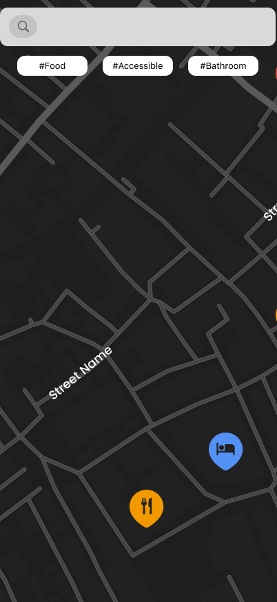 Iteration 4 wireframe: tag-based filter chips that combine to filter the map view.
