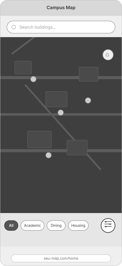 Lo-fi wireframe: thumb-zone quick filter pills along the bottom and a bottom-right filter menu button for popular locations and the full filter set.