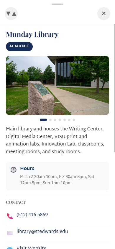 Expanded building detail sheet for Munday Library showing hours, contact info, description, and photo carousel.