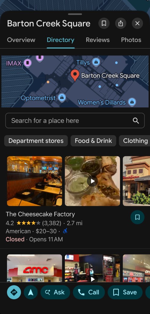 Google Maps mall directory reference: indoor map with a directory tab, search, category filters, and scrolling venue cards, the depth benchmarked and scoped out for Fall MVP.