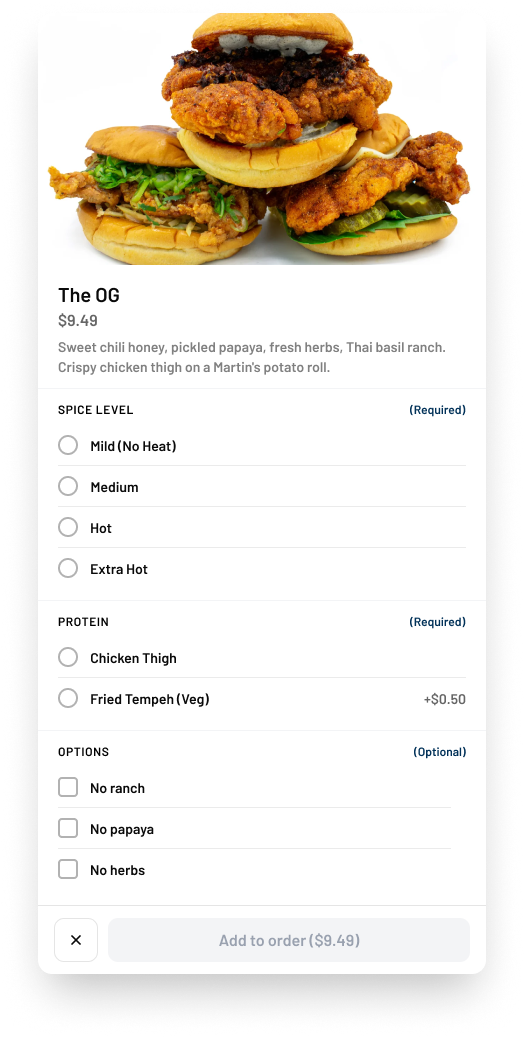 Spicy Boys: Full customization modal showing required spice level and protein choices plus optional removals.