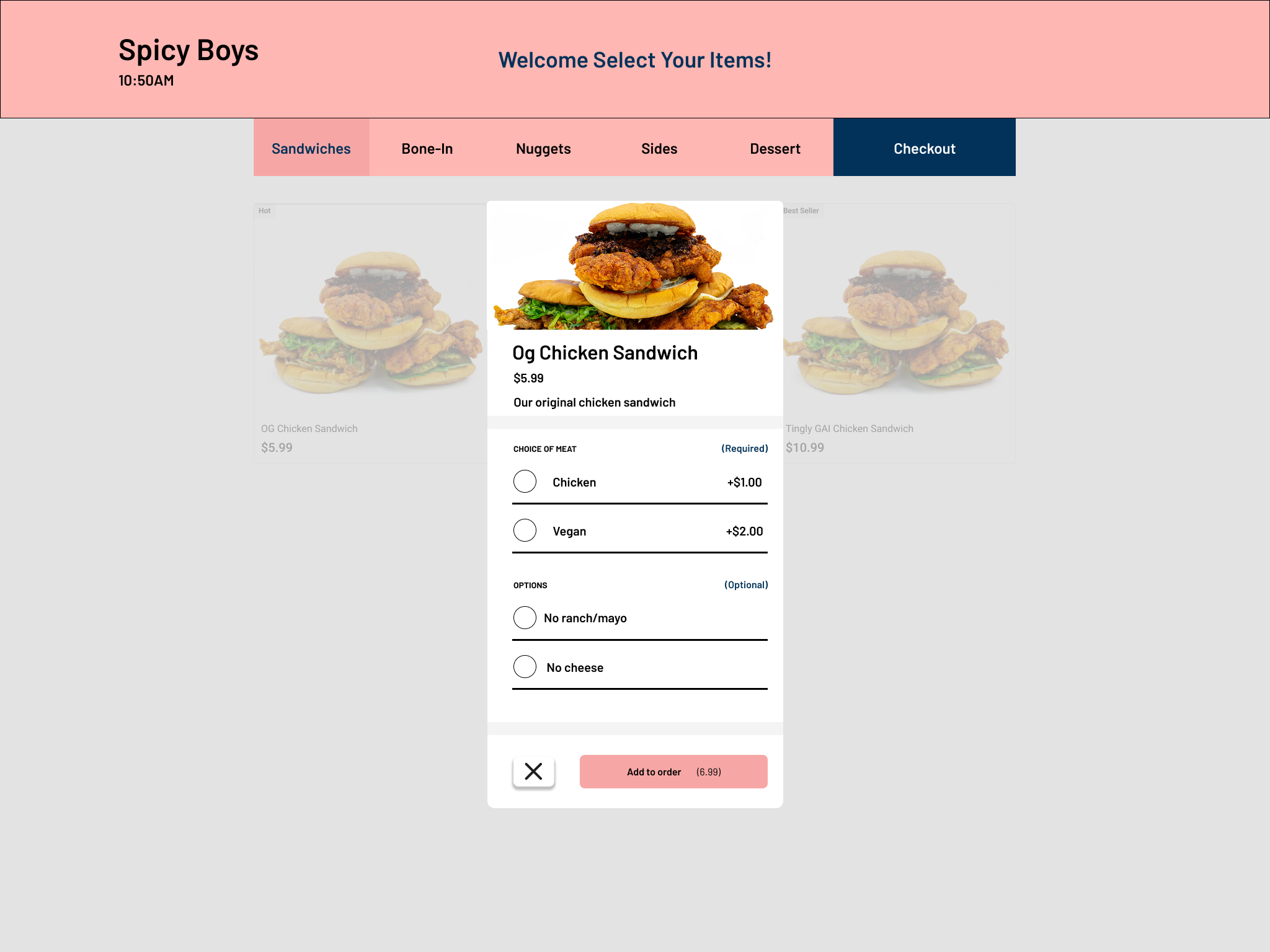 Early customization modal with optional meat choices but no required spice level field.