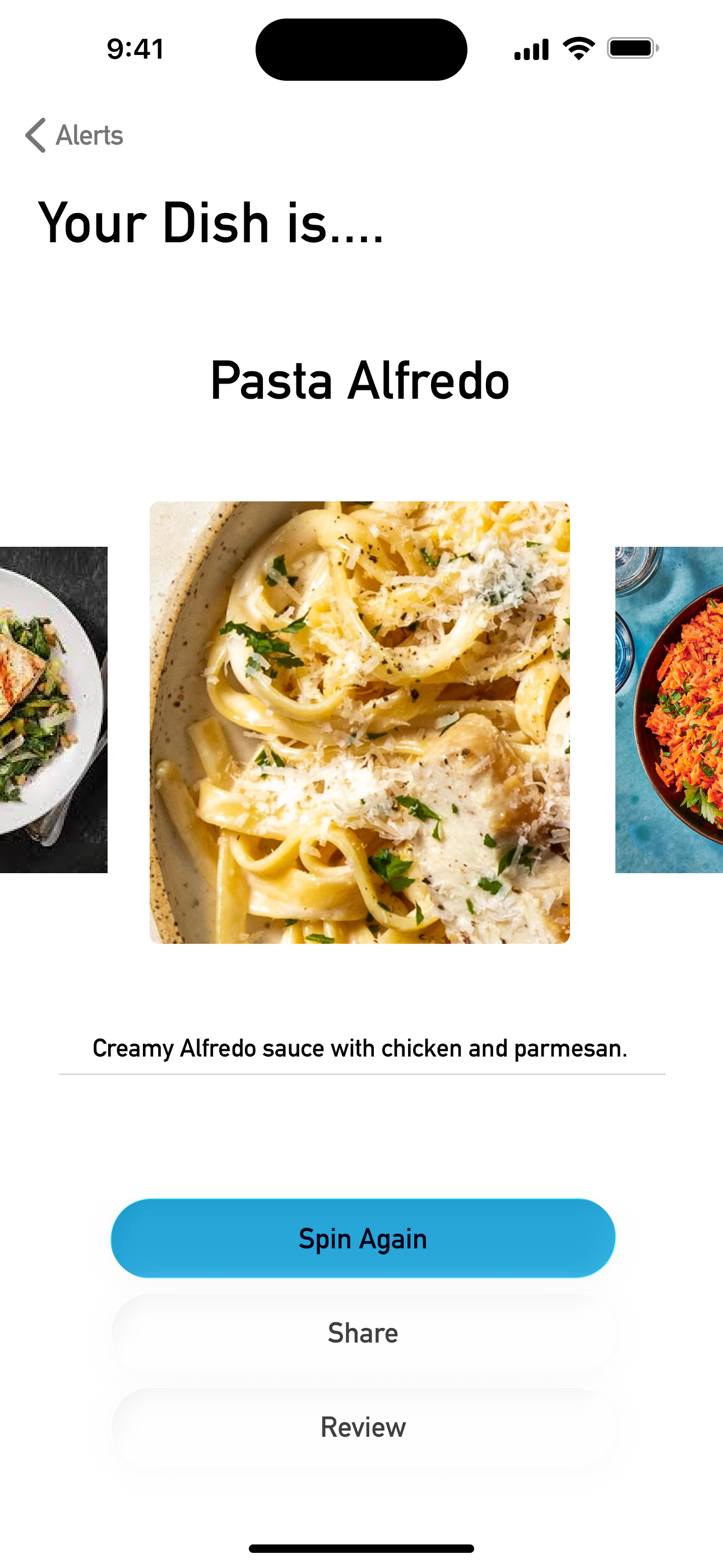 Taste Tester App: High-fidelity Spin screen: a wheel of dishes mid-spin with bold gaming-inspired visual treatment.